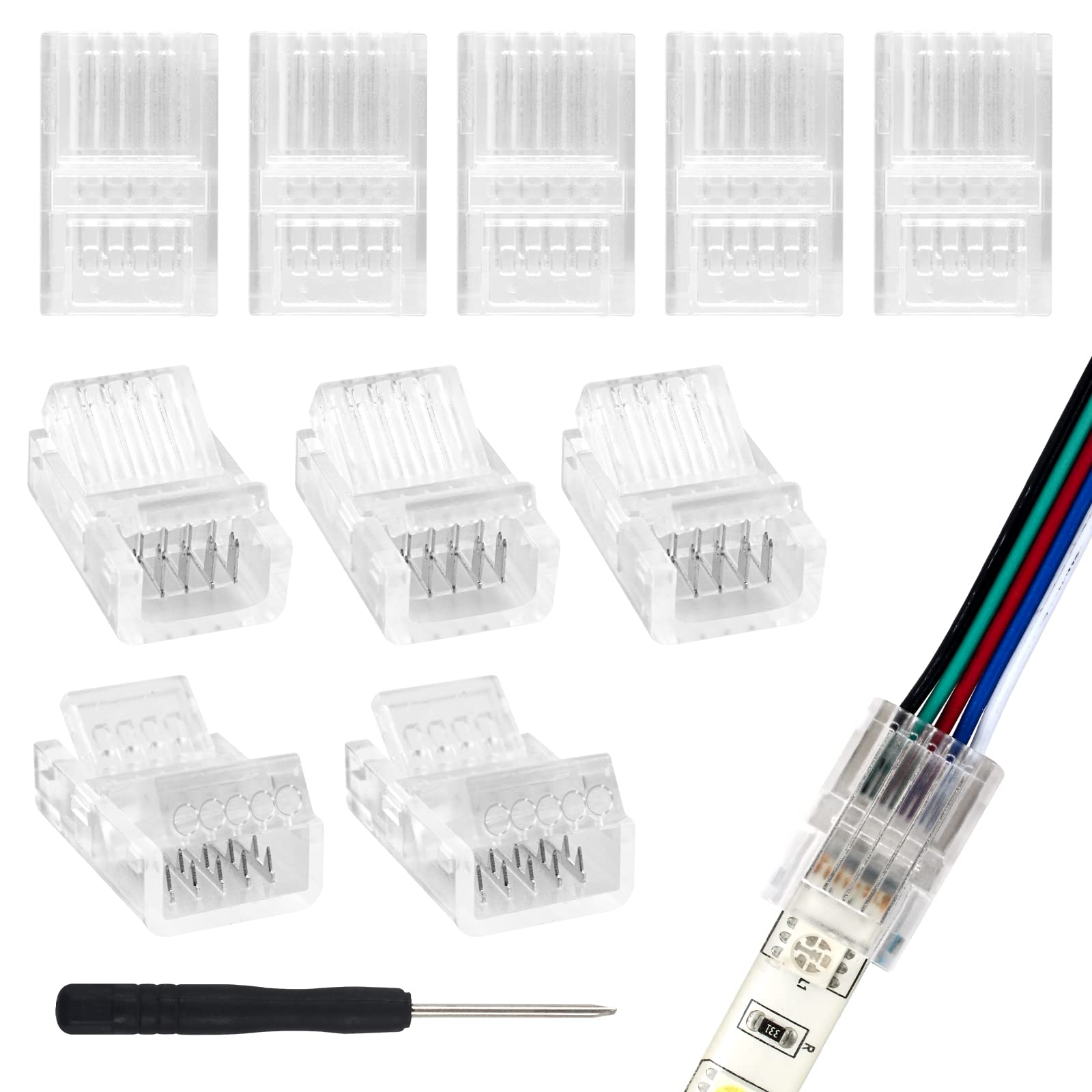Aroidful 10 Pack 5-Pin RGBW LED Strip Connectors - Solderless Adapter for 10mm Wide 5-Pin RGBW Strip Lights (36V 5A) | Strip to Wire Connector