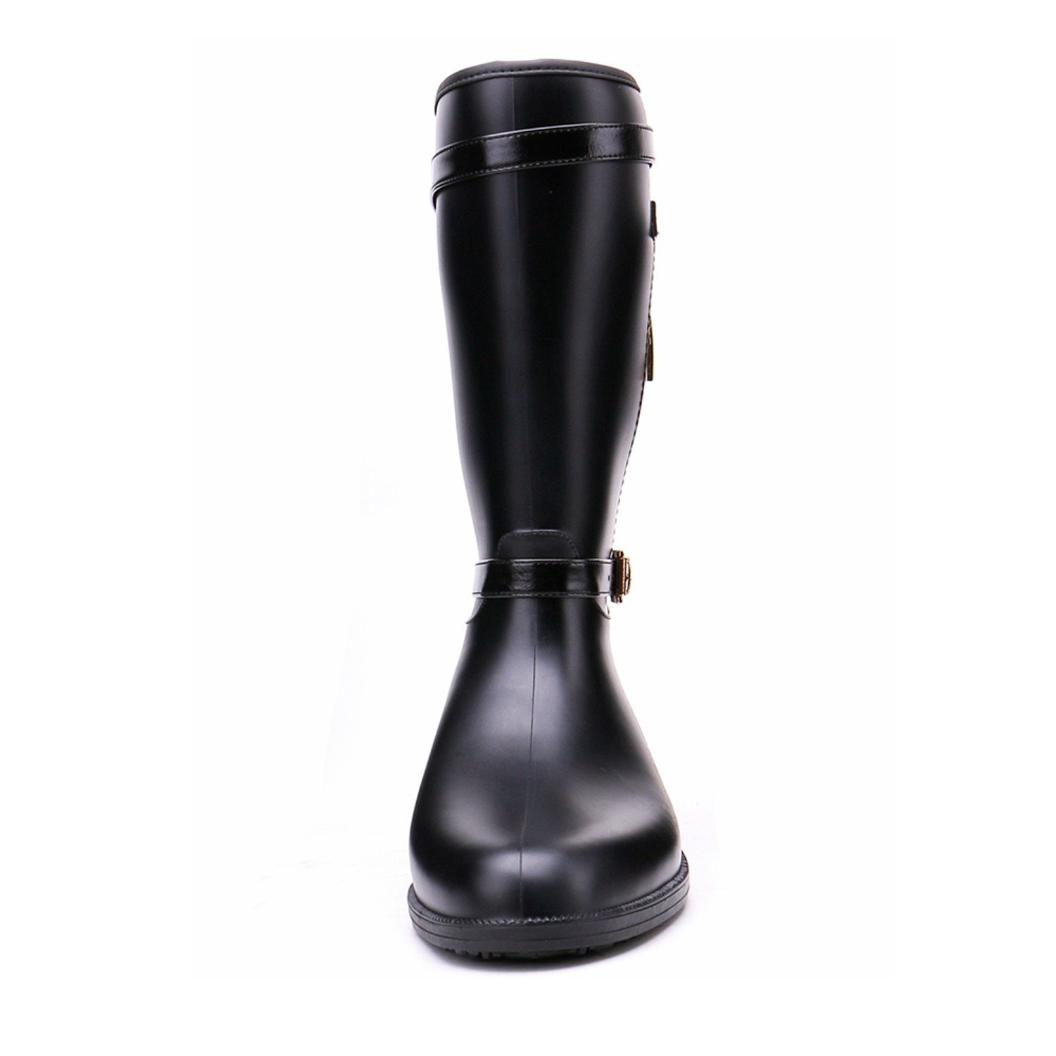 brooklyn walk women's mid-calf gumboots buckle and zipper waterproof black rain boots