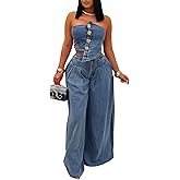 KANSOON Denim Set for Women 2 Piece Sexy Tube Top and High Waist Wide Leg Jeans Pant Outfit Streetwear