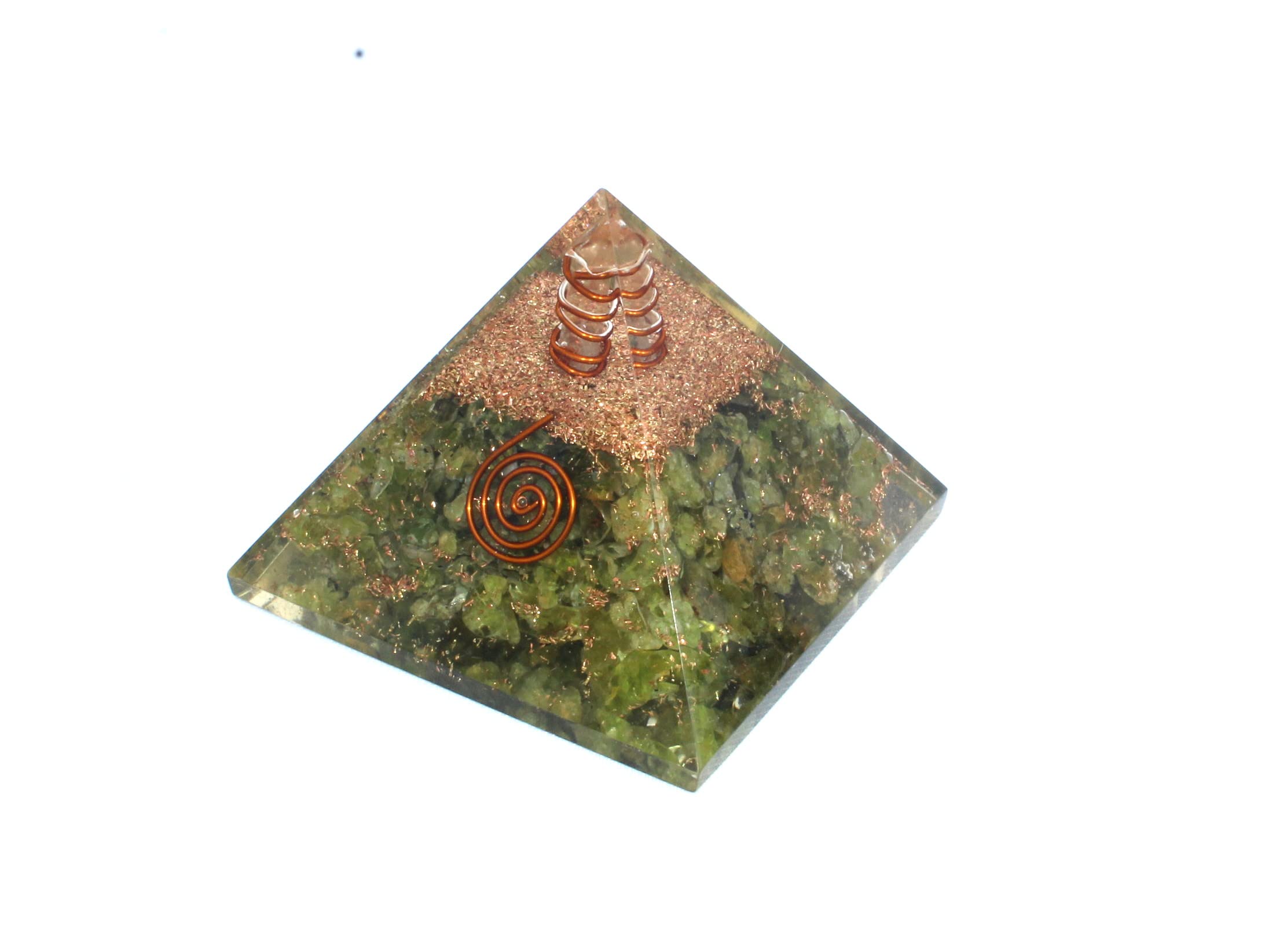 Jet Peridot Orgone Pyramid 60 mm Free Jet International Crystal Therapy Booklet Gemstones Copper Metal Mix Rare Healing Positive Energy EMF Protection Radiation Waves Reduction