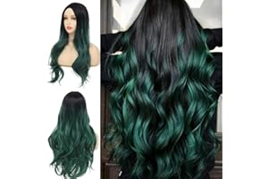 Tseses Green Wig Long Wavy Curly Wigs for Women Ombre Dark Green Synthetic Hair Wigs Dark Roots Hair Women Wig Cosplay Halloween Party Daily Use
