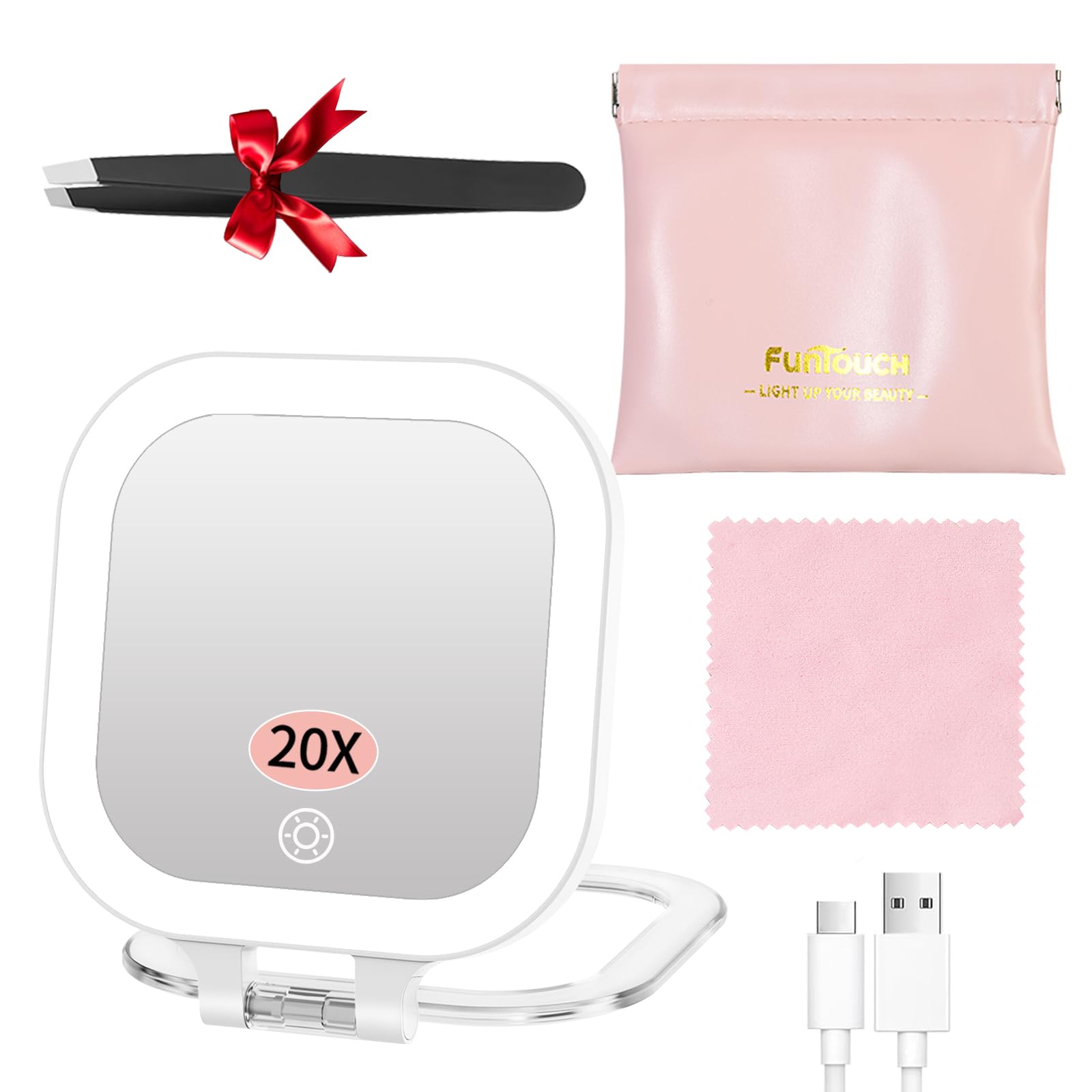 Photo 1 of FUNTOUCH Travel Magnifying Mirror with Light, 20X/1X/ Magnifying Makeup Mirror Set, 3 Light Settings & Adjustable Brightness,Rechargeable Folding Compact Double Sides Mirror for Home & Travel, White