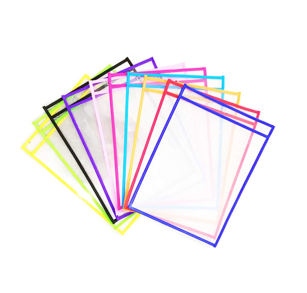 Hillento Set of 10 Dry Erase Pocket, Oversize 10" x 14" Multicolored Dry Erase Sleeves, Reusable and Clear Sheet Protectors, Ideal to use at School or at Work, Style A