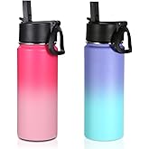Volhoply 16 OZ Kids Water Bottle Bulk 2 Pack,Insulated Sports Bottles with Straw Lid,Stainless Steel Bottle with Handle Keep Cold&Hot,Double Wall Vacuum Tumbler Cups for School(Assorted, 2)