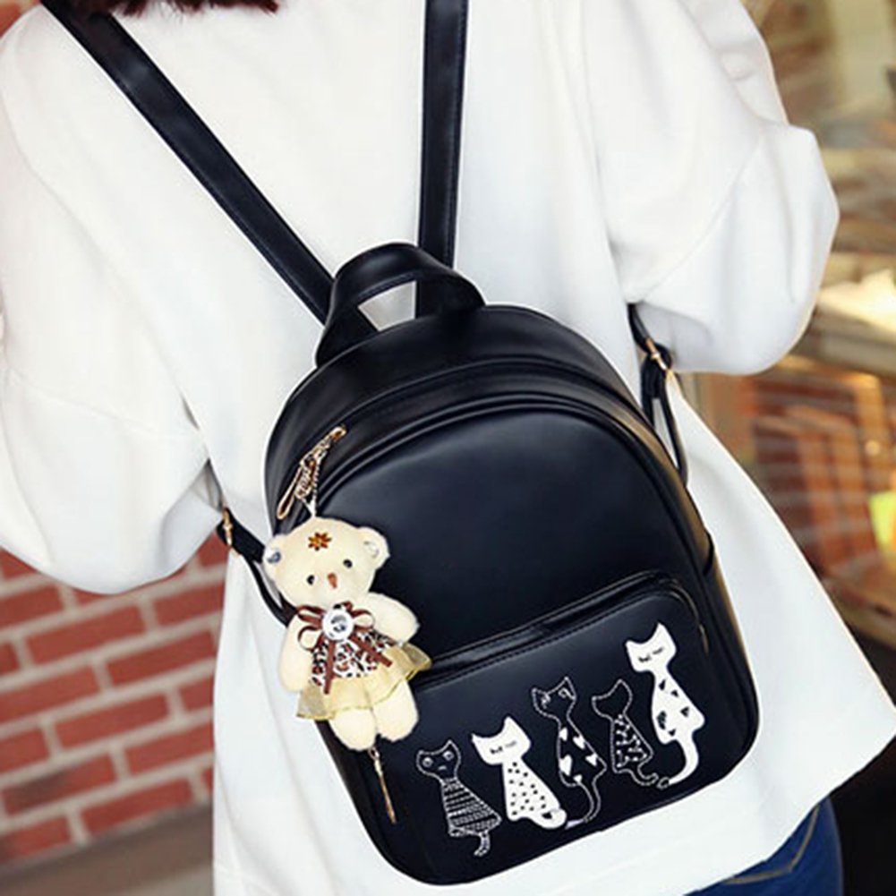 zibuyu 4pcs cat printed girls pu leather backpack shoulder bag clutch purse bag