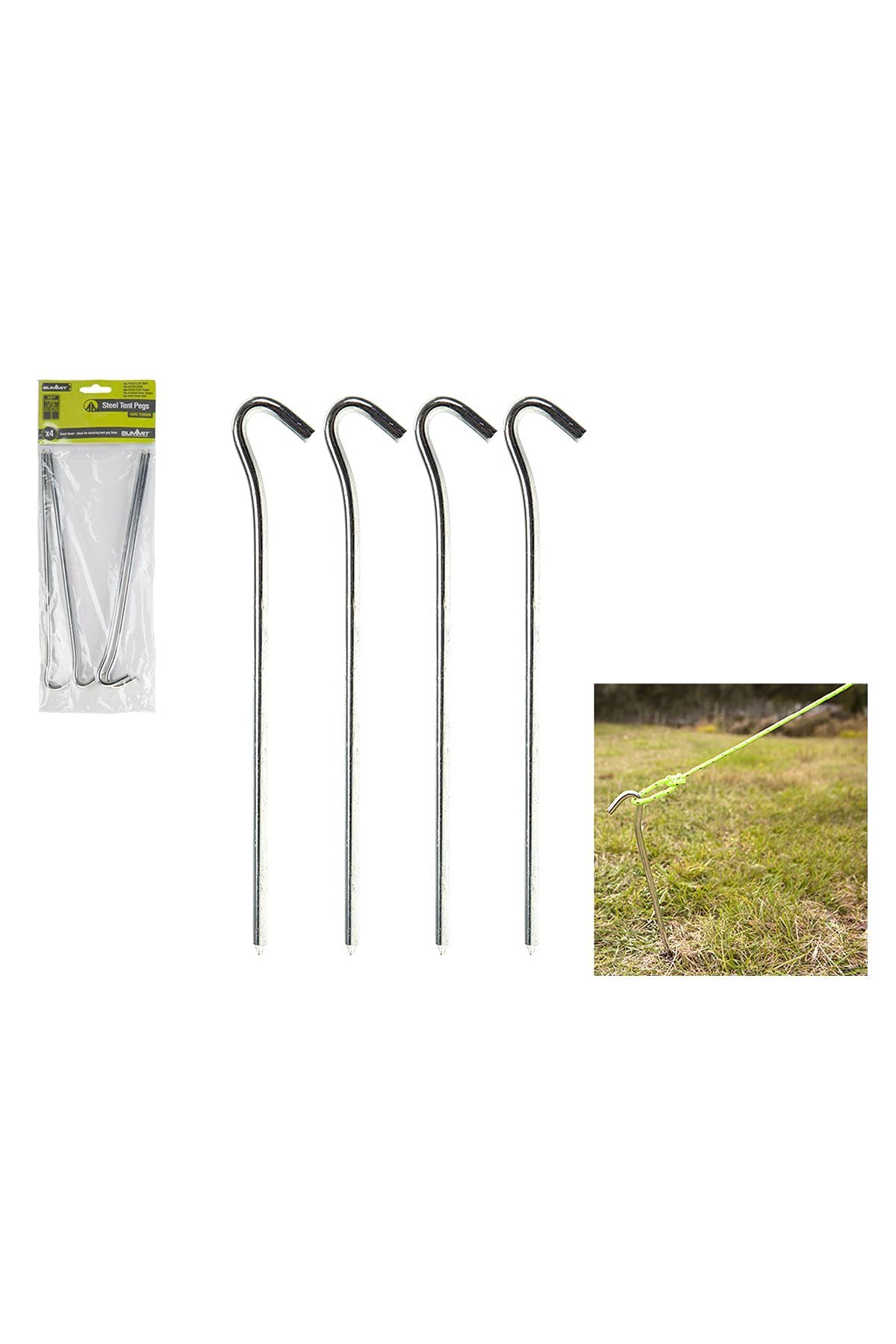 Summit 4 Pack of Steel Hook Pin Tent Camping Pegs 23cm 9"