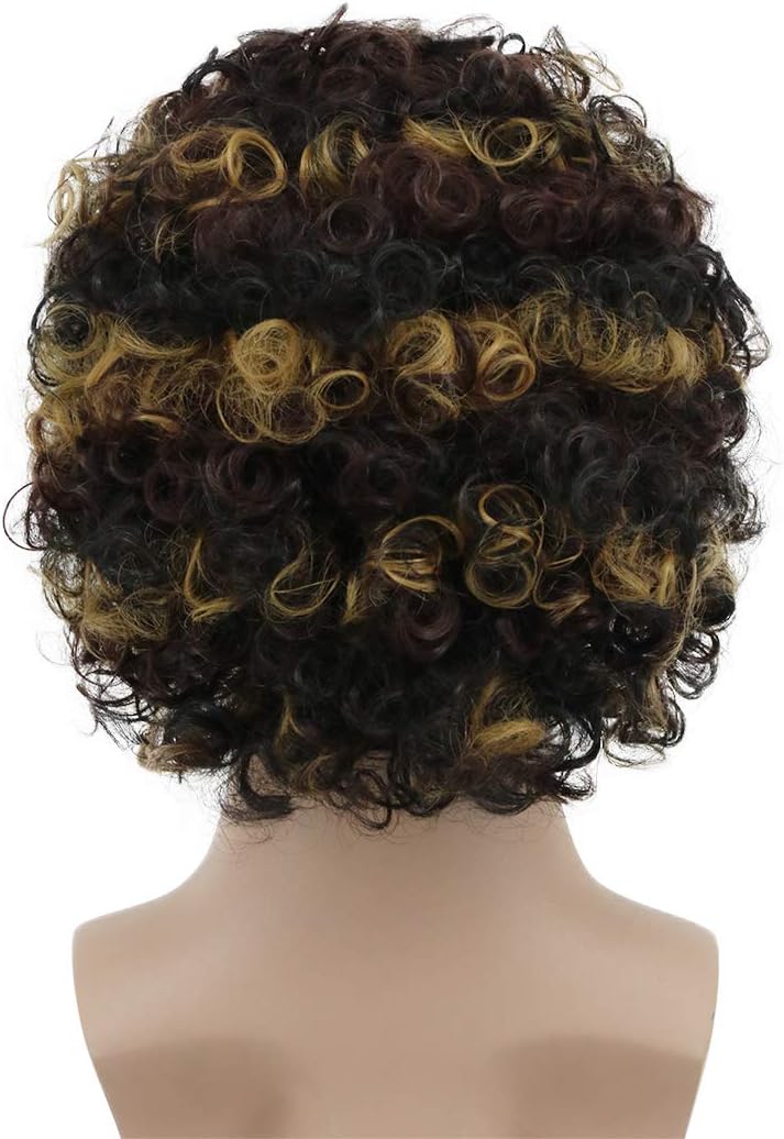 Karlery Men Women Short Curly Bob Brown Wig with Gold Mustache Rocker Disco Afro Wig for California Halloween Cosplay Party and Anime Costume - Image 5