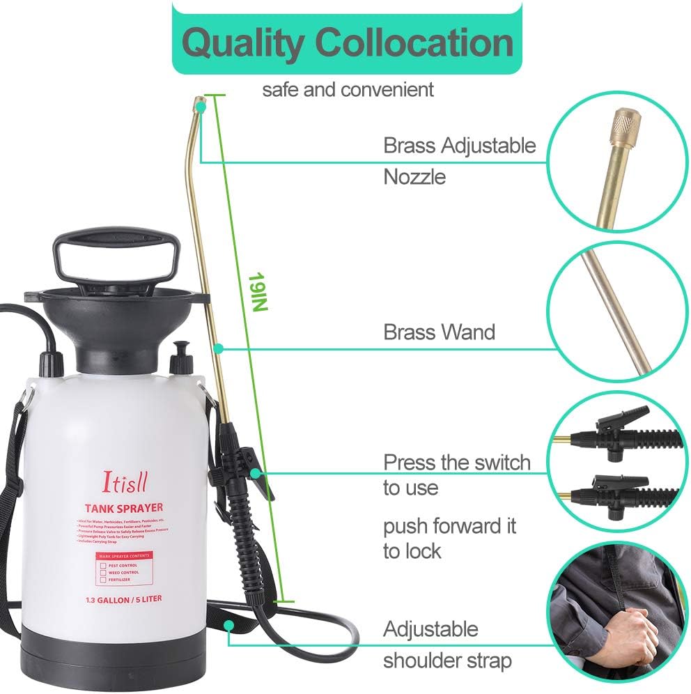 ITISLL 1.3Gallon Garden Pump Sprayer Portable Yard & Lawn Sprayer with Brass Wand and Shoulder Strap for Weeds Plants 5 liters (819NF5) : Garden & Outdoor