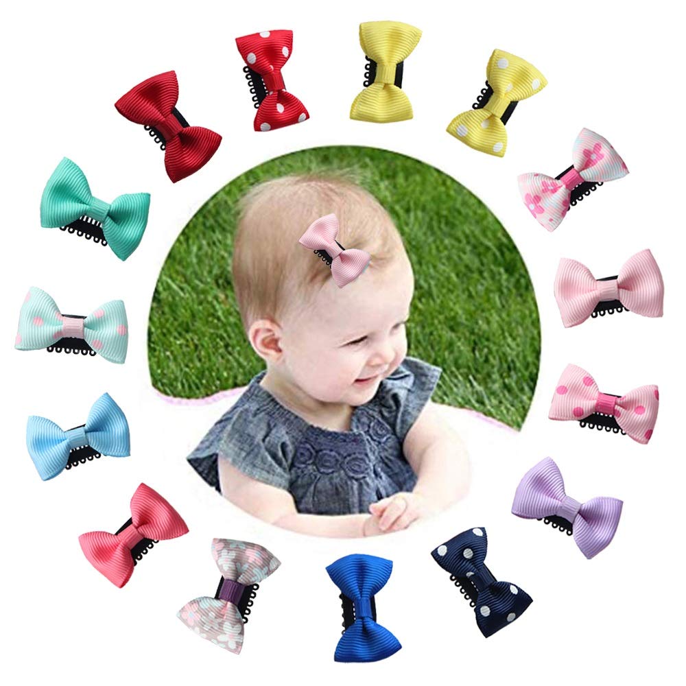 Tiny Baby Hair Clips, Bows Hair Clips Grosgrain Ribbon for Baby Girls Newborn Infant Toddlers(15Pcs)