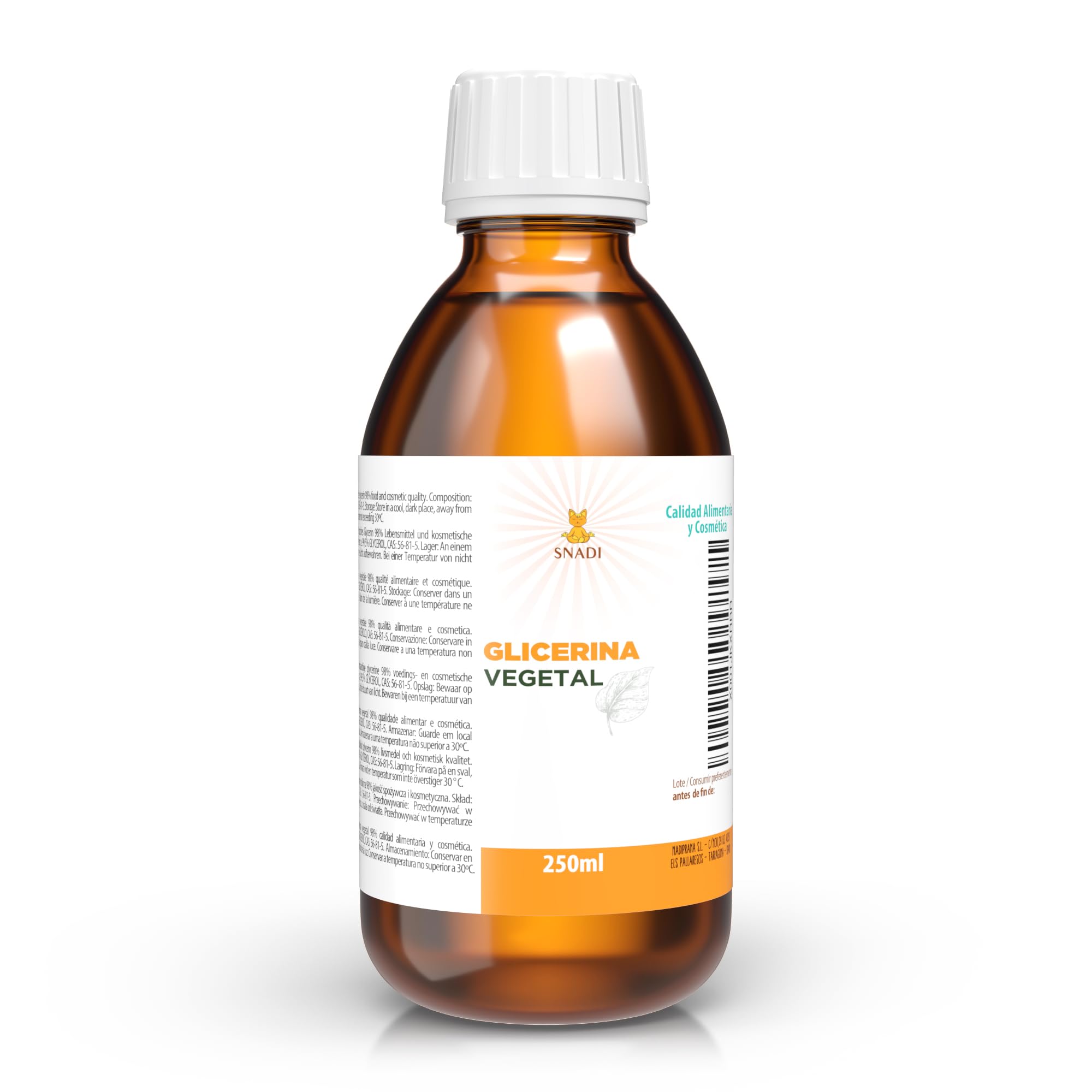 250 ml - Oral and cosmetic glycerine (USP), Purity +98% (Vegetal glycerine). Edible glycerine, cosmetic, skin, hair. Natural glycerine.