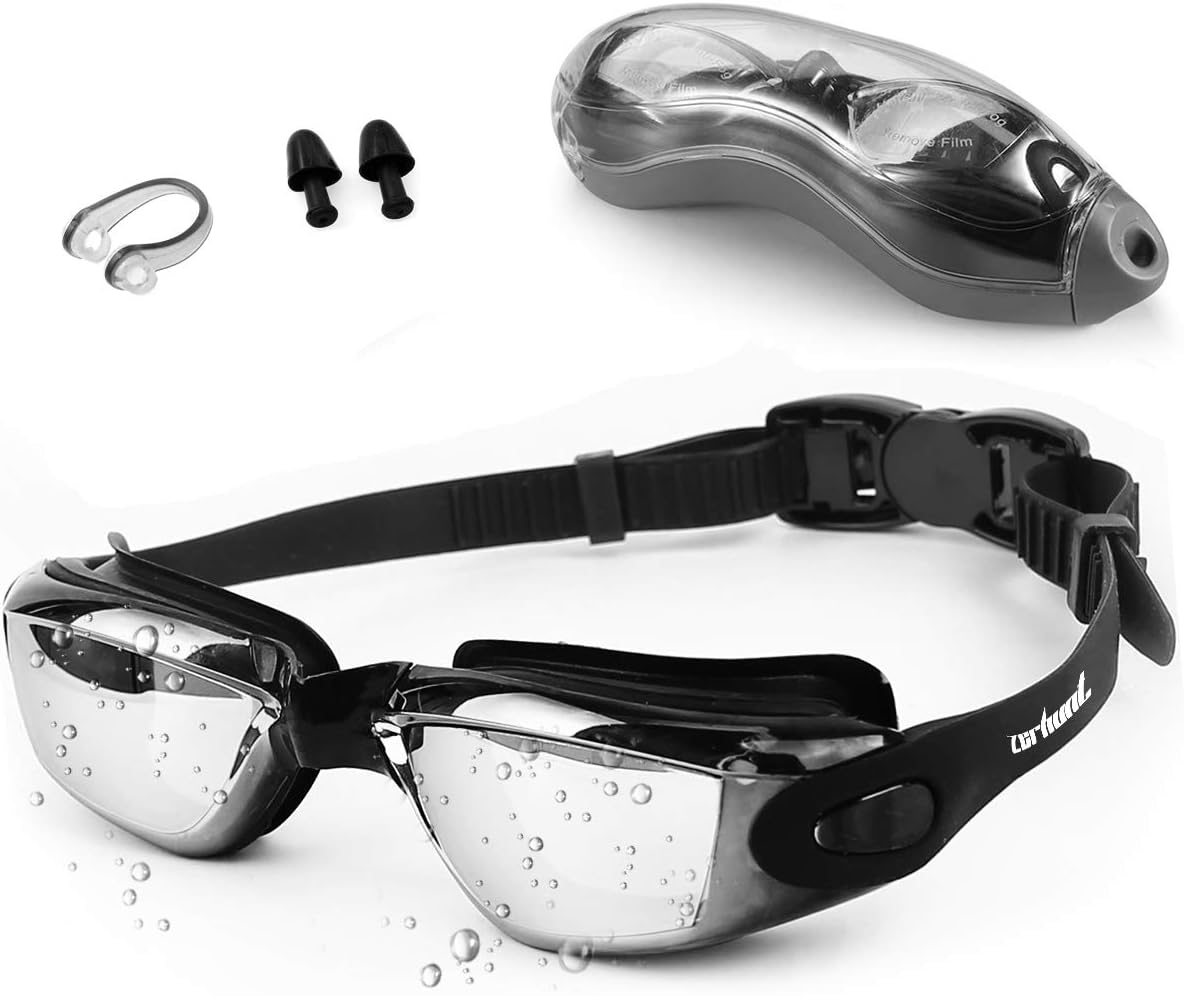 Zerhunt Swim Goggles, Swimming Goggles, UV 400 Protection Anti Fog No Leaking Wide View Pool Goggles with Ear Plug Nose Clip & Protective Case for Women Men Adult Youth