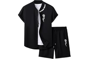COZYEASE Men's 2 Pieces Floral Letter Graphic Print Button Front Short Sleeve Shirt Top and Shorts Set
