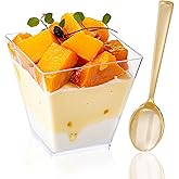 YOUBET 102PCS Clear Plastic Dessert Cups With Gold Plastic Spoons - 8oz Dessert Bowls - 51Disposable Square Plastics Cups & 51Gold Spoons Perfect for Ice Cream, Desserts, Appetizers Weddings Party