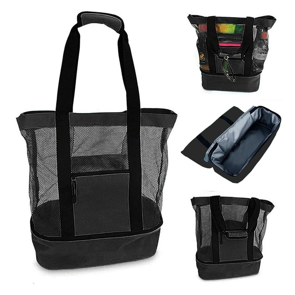 Oaygat Mesh Beach Tote with Detachable Cooler, Picnic Organizer with Zipper for Women Men, Dry and Wet Separation Insulation Pack, Foldable Net Toy Storage Pool Bag