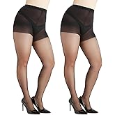 G&Y 2 Pairs Women's Plus Size Sheer Tights - 20D Control Top Pantyhose with Reinforced Toes