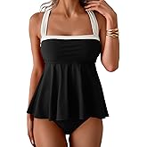 Aidonger Tankini Swimsuit for Women Color Block Tummy Control Two Piece Bathing Suit Slimming Swim Top with Bottom