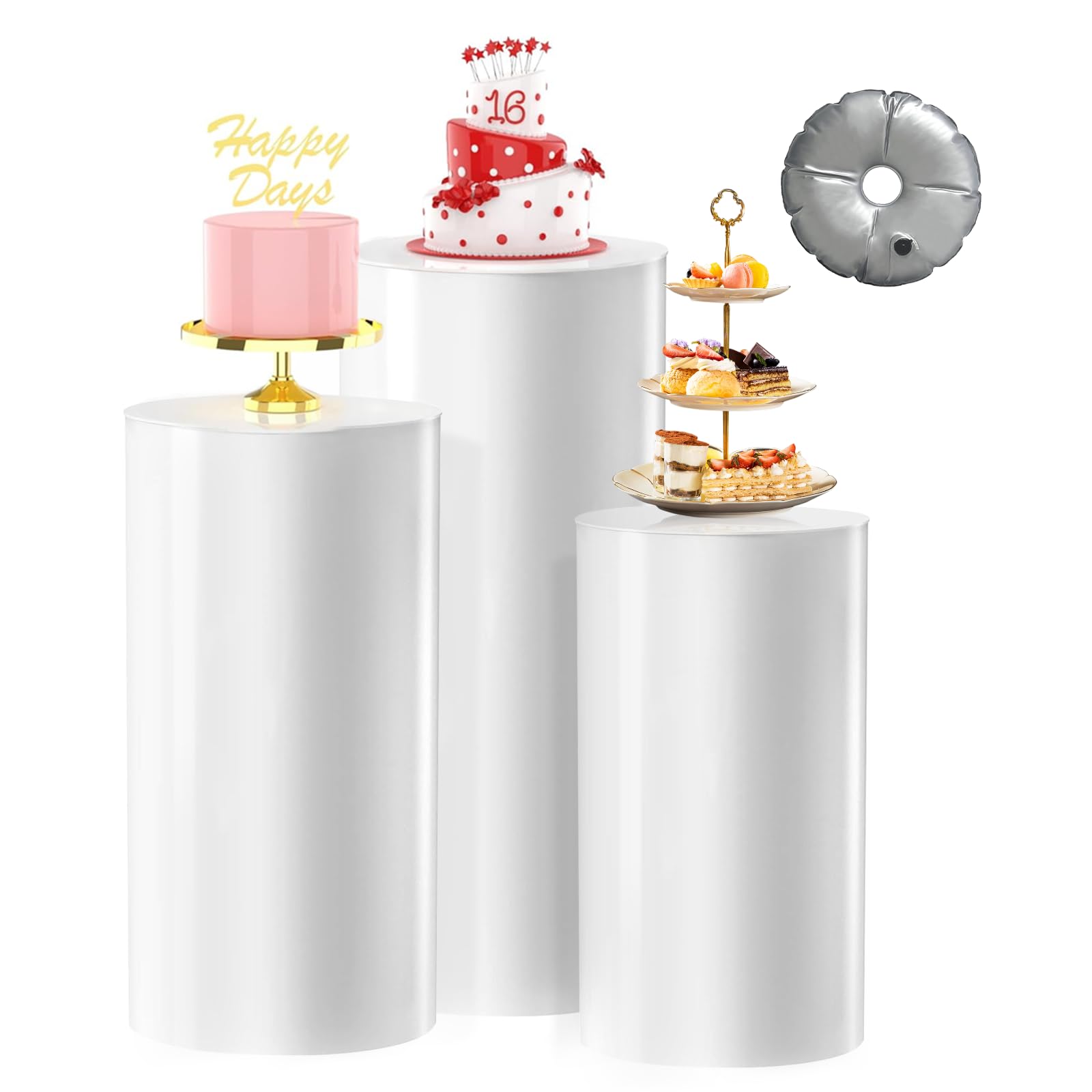Photo 1 of [Upgrade Thickened] Cylinder Pedestal Stands for Party 3PCS, Large White Cake Pedestal Stand with Weighted Water Bag, Round Cylinder Tables for Wedding , Birthday, Party Art Decor, Floral Arrangements (White)