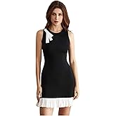 winkbay Women's Bow Pleated Mini Dress Crew Neck Sleeveless Color Block Going Out Dresses