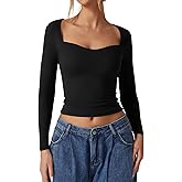 QINSEN Womens Slimming Fit Sweetheart Neck Long Sleeve Basic Crop Tops Stretch Going Out Tee Shirt