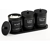 Glass Qtip Holder for Bathroom, Black Cotton Round Holder Swab Pad Dispenser with Lids, Floss Pick Holder with Bamboo Tray, A