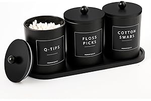Glass Qtip Holder for Bathroom, Black Cotton Round Holder Swab Pad Dispenser with Lids, Floss Pick Holder with Bamboo Tray, A