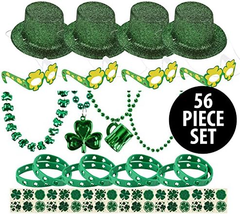 56 Piece St. Patrick's Day Party Supplies | Set includes: (4) Mini Hats (4) Assorted Green Necklaces (4) Paper Shamrock Glasses (8) Lucky Bracelets (36) Shamrock Temporary Tattoos