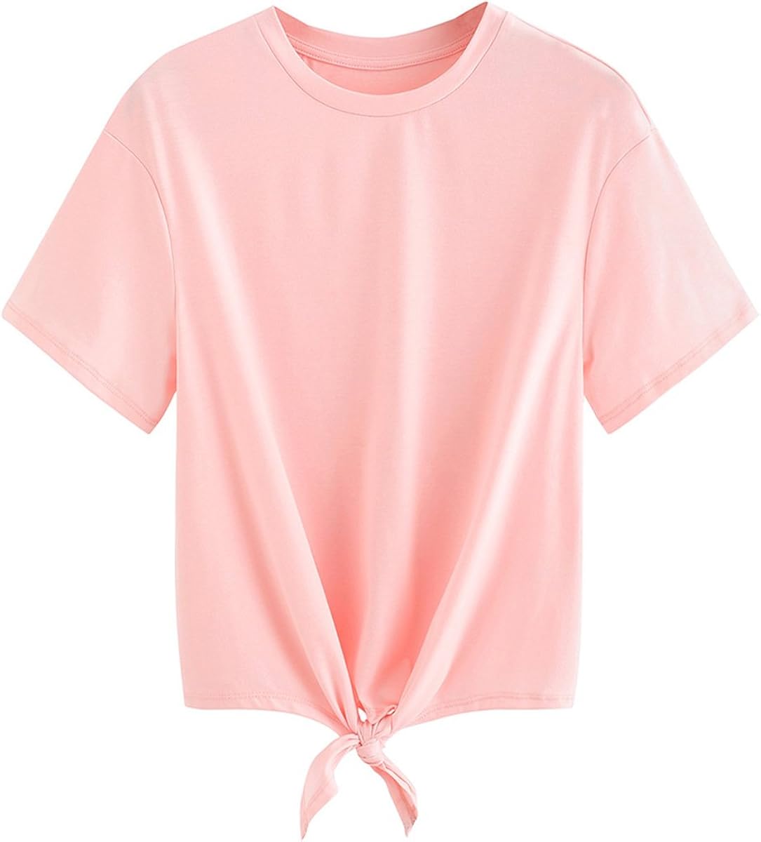Romwe Women's Short Sleeve Tie Front Knot Casual Loose Fit Tee T-Shirt at  Women’s Clothing store