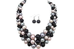 FASHION 21 Women's Simulated Faux Three Multi-Strand Pearl Statement Necklace and Earrings Set