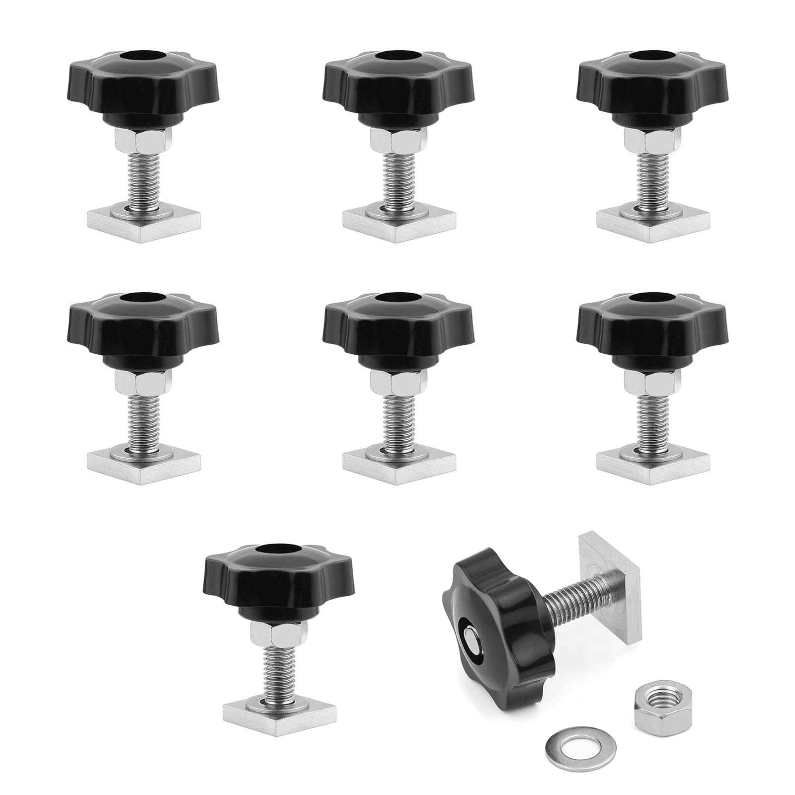 JJWNMLL 8pcs T track adapter bolts M8 x 35 mm head 20x20 mm square sliding blocks,t-nut adaptors bolts carbon steel roof rack accessories with Screw Nuts (M8 T-slot + star knob nut) — image 1