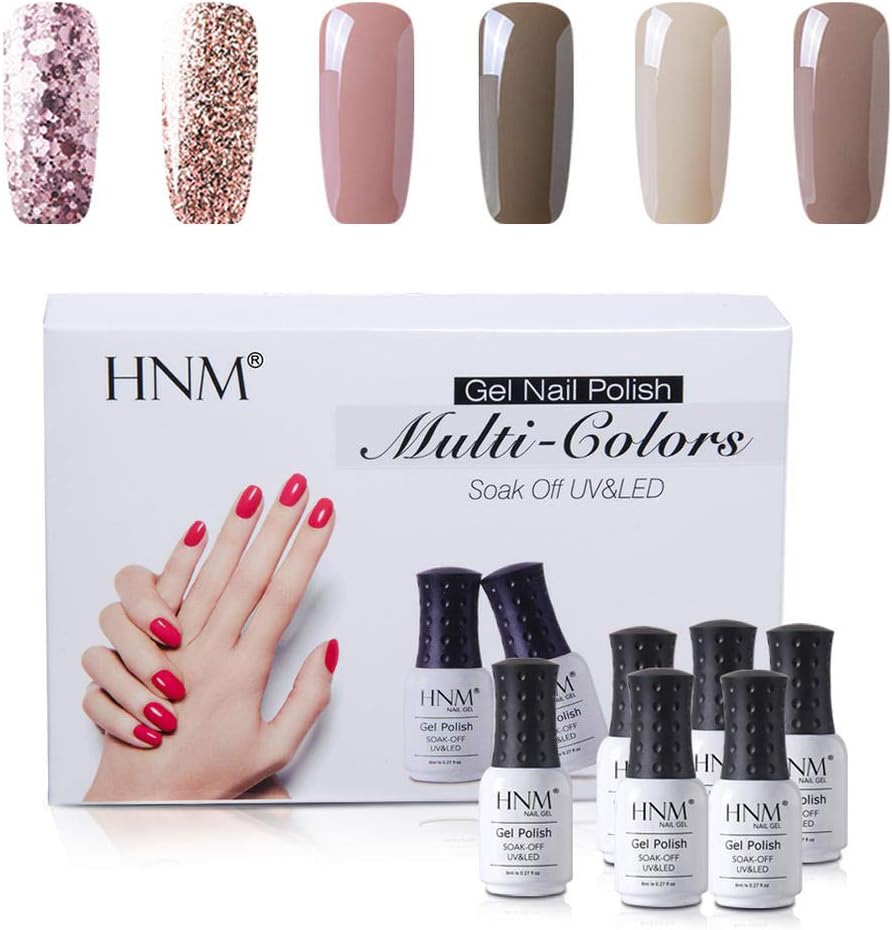 HNM Gel Polish Gift Kit 6PCS Soak Off Rose Gold Glitter Gel Varnish with Nude UV LED Gel Polish Salon Manicure 8ML C004