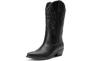 DREAM PAIRS Women's Cowboy Boots Mid Calf Cowgirl Boots Embroidery Stitched Western Boots