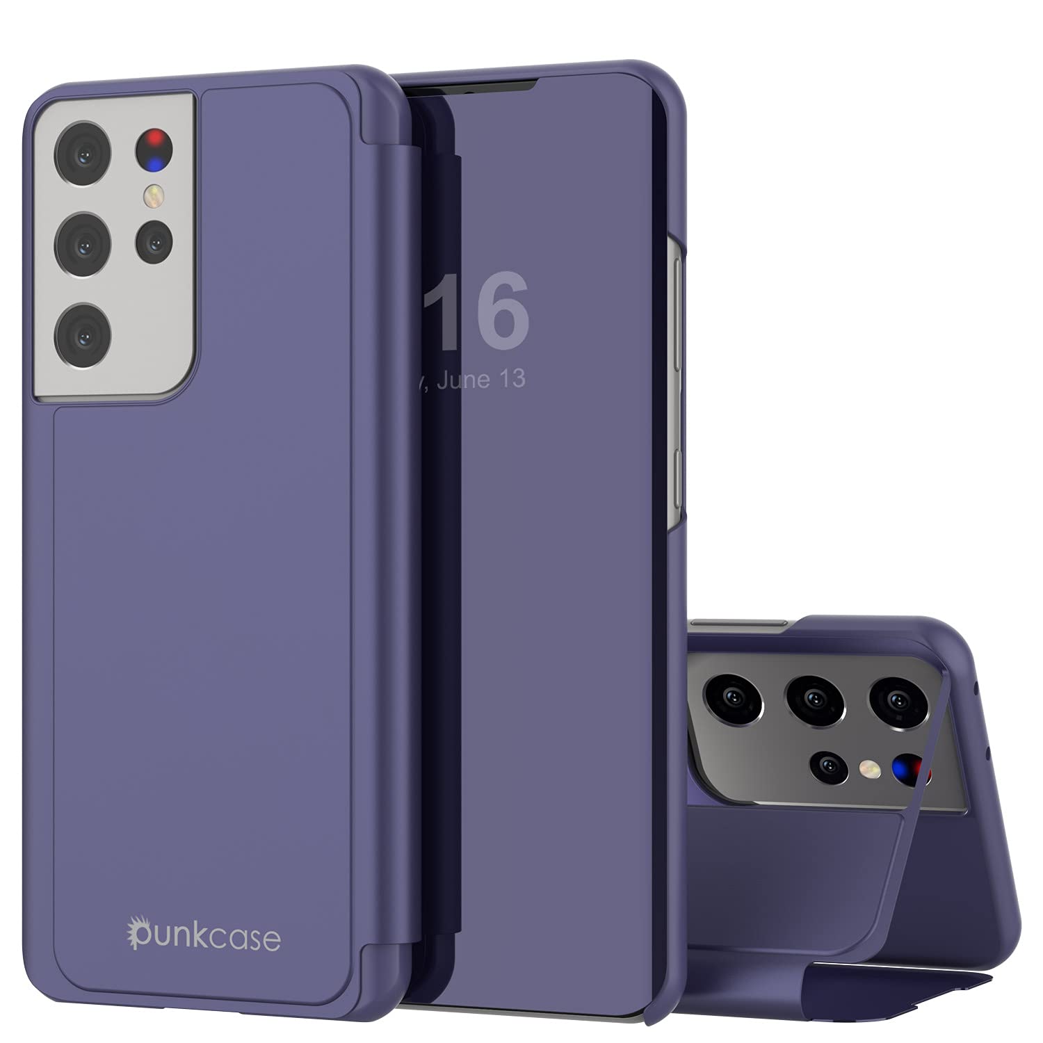 Punkcase S21 Ultra Reflector Case Protective Flip Cover W/Scratch Resistant Translucent Mirror Front & Non-Slip PU Leather Back Integrated Kickstand for Galaxy S21 Ultra 5G (6.8") (2021) (Purple)