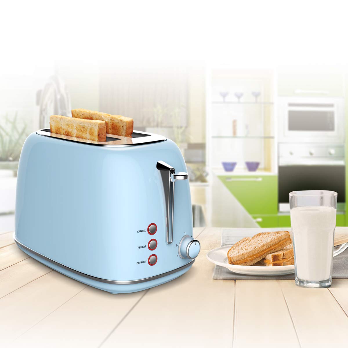 Toaster Edelstahl 2 Scheiben, morpilot Toaster mit Abnehmbarem Brötchenaufsatz und Herausnehmbarer Krümelschublade, 6 Bräunungsstufen | Auftaufunktion | Aufwärmfunktion, 815W, Blau