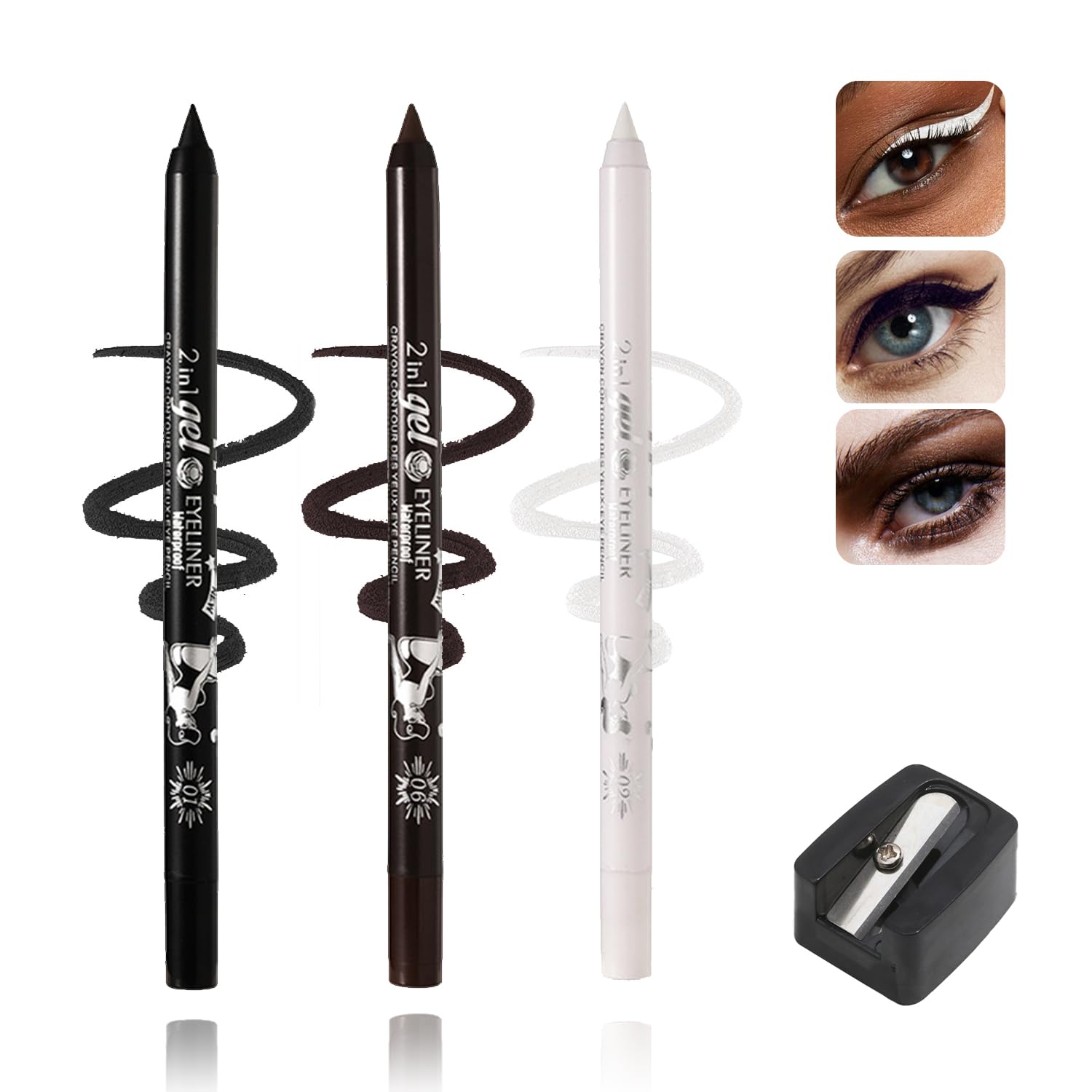 Black, White and Brown Gel Eyeliner Pencil Set, Waterproof and Smudge-Resistant Long-Lasting Eye Liner Pen, Waterline Eye Liners with Sharpener for Precise Eye Makeup
