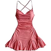 WDIRARA Women's Draped Ruched Mesh Mini Dress Cowl Neck Crisscross Tie Backless Cami Dresses