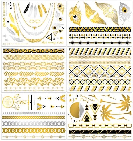 V.T Metallic Tattoos - HUGE! 6 SHEETS PACK (more than 50 tattoos!) - Gold Silver &amp; Black Body Temporary Metallic Tattoos - Jewelry Inspired Bling Temp Tattoos - Long Lasting Trendy Designs …