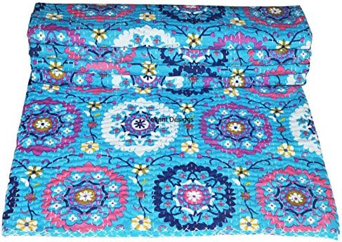 Indian Handmade Suzani Print Queen Cotton Kantha Quilt Bedspread Throw Blanket Gudaari 220x270 Cm
