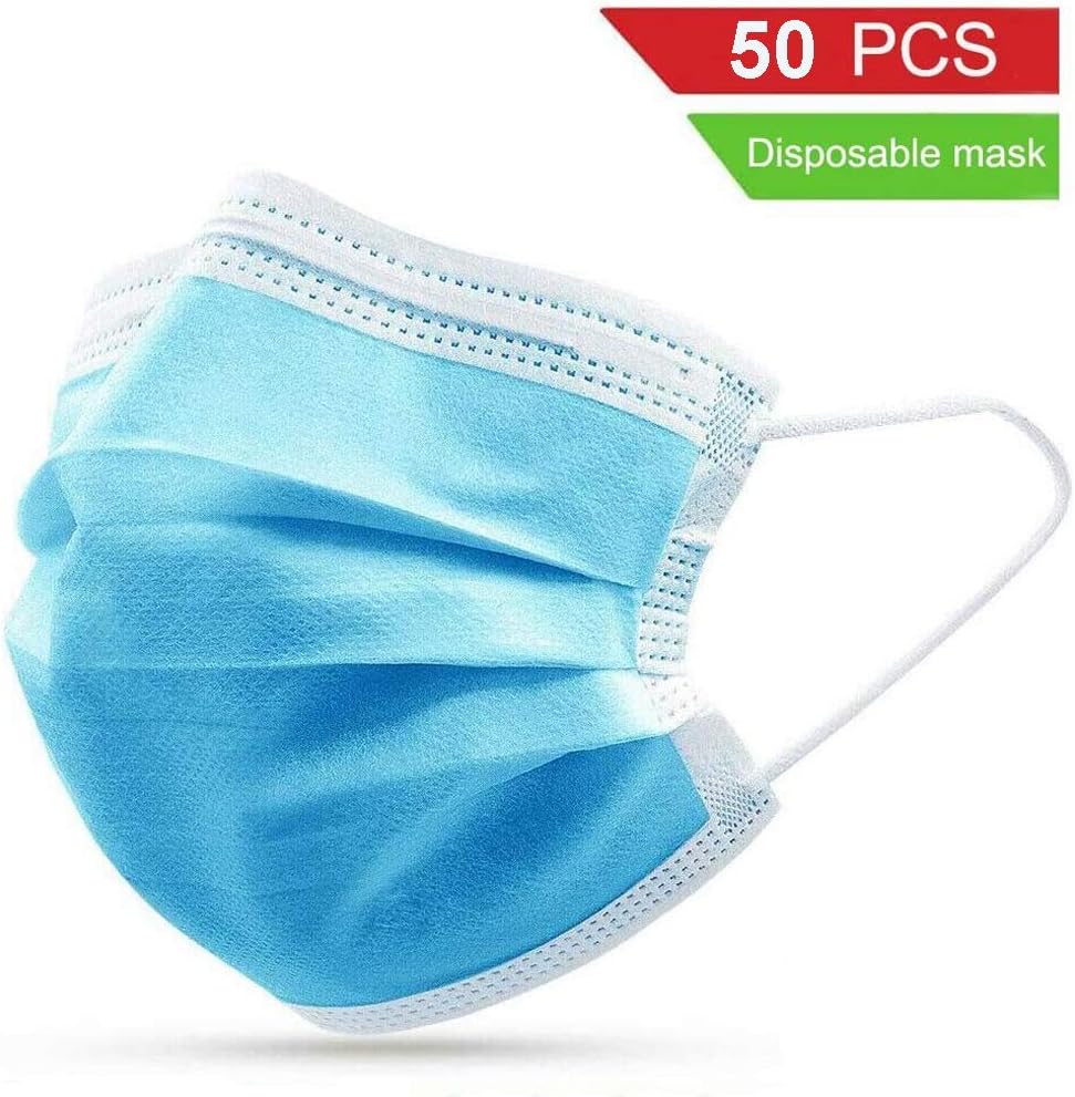 (50-Pack) Disposable Anti Dust Face Cover for Home Office Outdoor 3-Ply Breathable Comfortable Safety Allergy Face Shield Protection for Dental Salon Painting Gardening Food Service