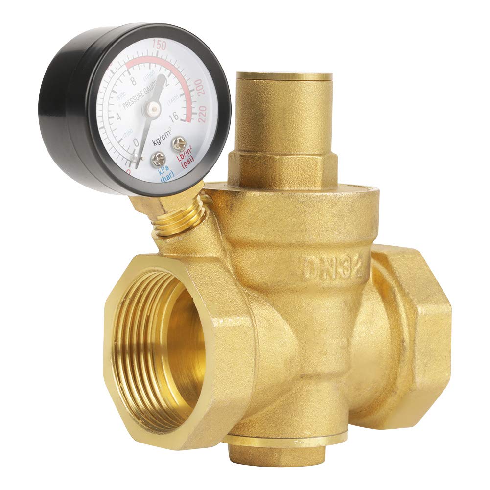 Pressure Reducing Valve, BSP DN32 1-1/4inch Brass Water Pressure Reducing Valve 1-1/4'' Adjustable Water Control Pressure Regulator Valve Thread with Gauge Meter 1.6MPa Mechanical Transmission