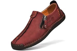 Men's Loafers Shoes with Side Zipper, Handmade Non Slip Rubber Sole Walking Shoes Flexible Moccasins for Driving