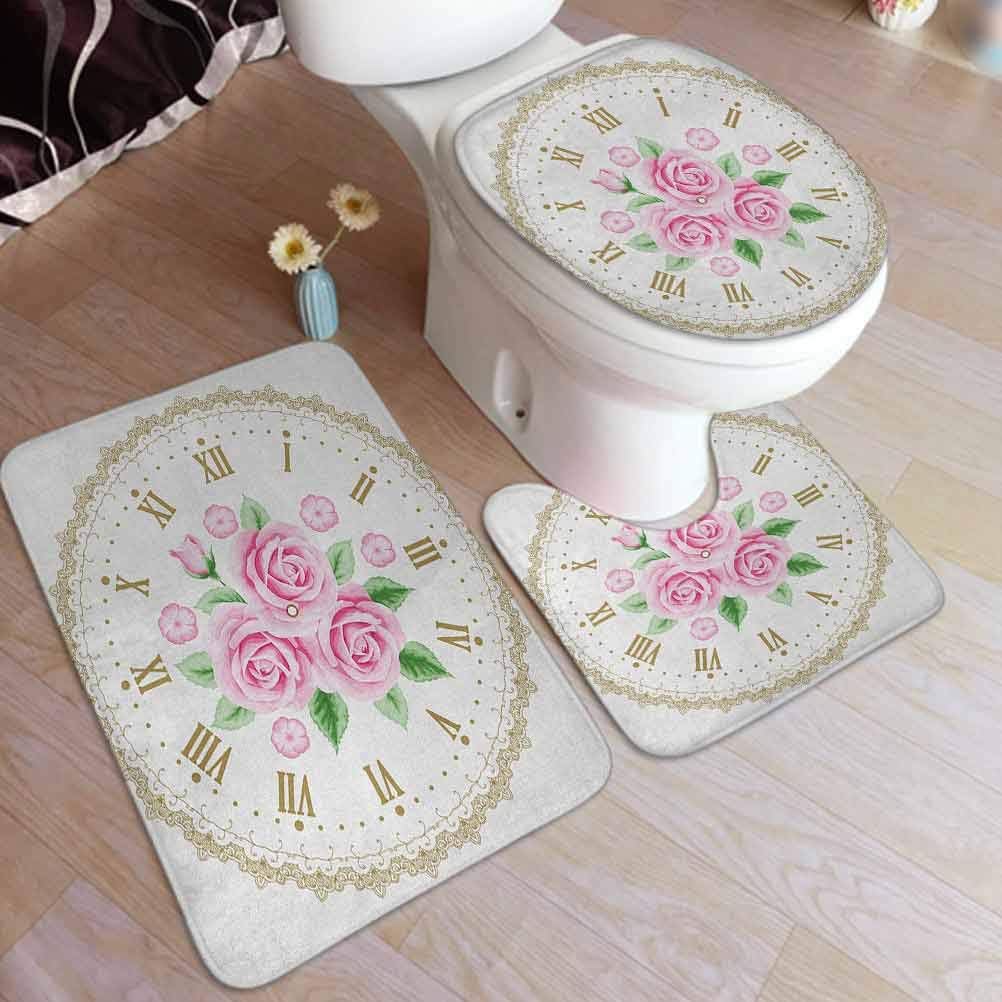 Shabby Chic 3 Pcs Bath Rug Set, Vintage Clock Face Roses Roman Numbers