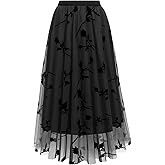 kydely Skirts for Women Tulle Midi Long Length Pleated Skirt Summer A-Line Floral Dressy Trendy High Waist Flowy Skirts