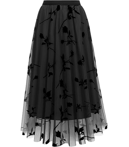 CHICWISH Women's Black 3D Posy Double-Layered Mesh Midi Skirt at