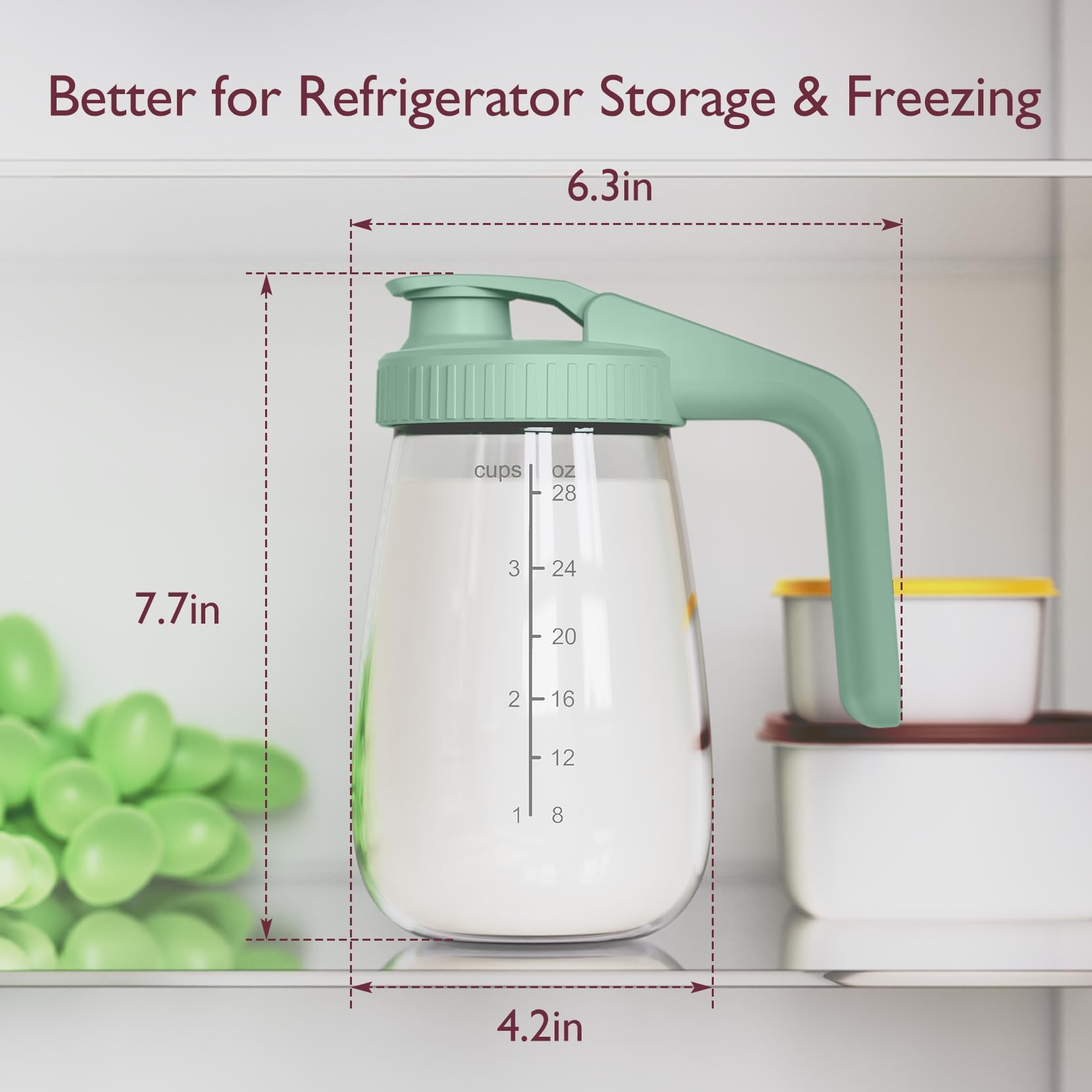 Momcozy Breast Milk Pitcher, Resistant to Heat and Cold Abrupt Temp Swings, No Leak Glass Breast Milk Fridge Storage Container with Wide Mouth, Fast Baby Formula Maker, Green