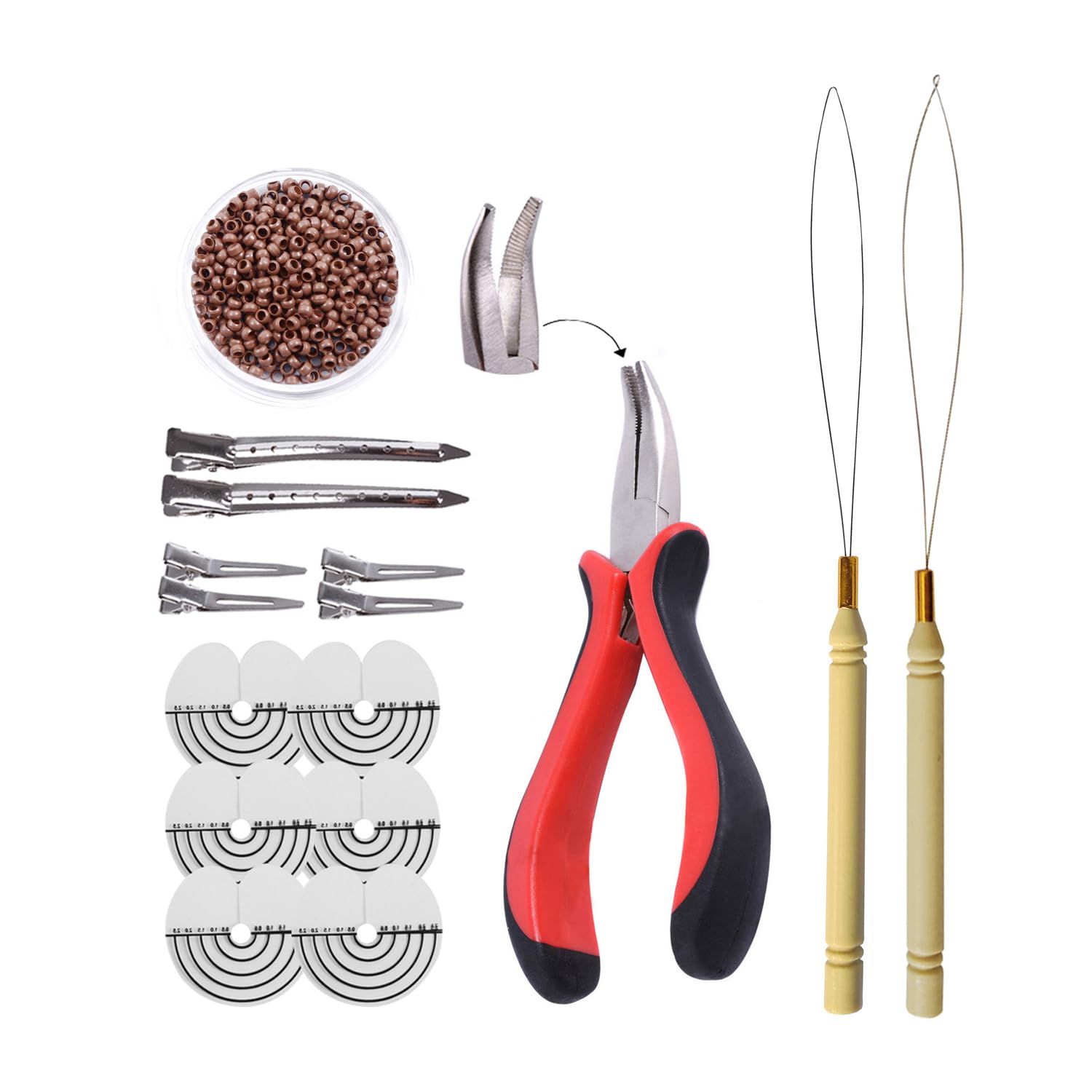 Hair Extensions Kit: I-tip Hair Pliers,Pulling Needle,Loop Threader and 500 Pieces 2.5mm Hair Extension Nano Beads Rings (Light Brown)