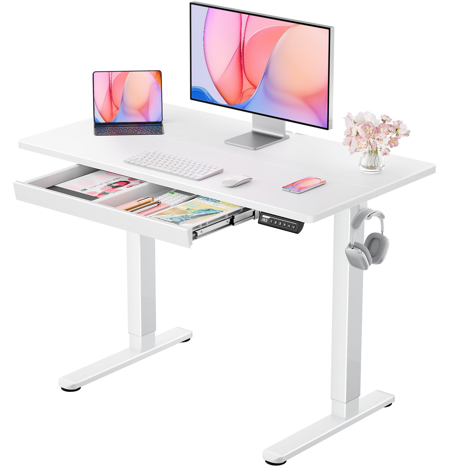Photo 1 of ***DAMAGED - GLASS TOP CRACKED - SEE PICTURES***
ErGear 44" x 24" Electric Standing Desk with Drawers, Height Adjustable Desk with 4 Preset Heights, Ergonomic Rising Home Office Computer Table with Splice Board, White