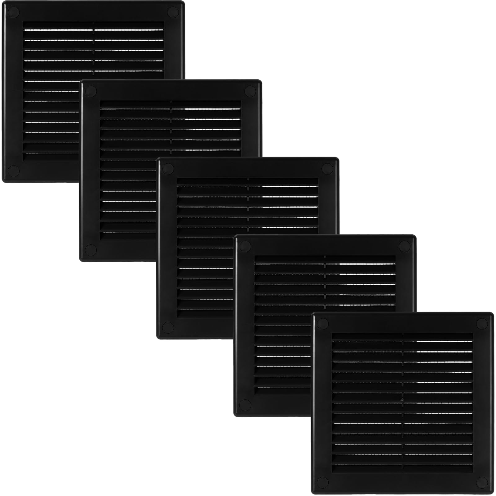 Vent Systems 150 x 150 mm / 6'' x 6'' Inch Black Soffit Vent Cover - Pack of 5 - Flat Square Air Vent Louver - Grille Cover - Built-in Mesh Screen - HVAC Vents for Bathroom, Home Office, Kitchen