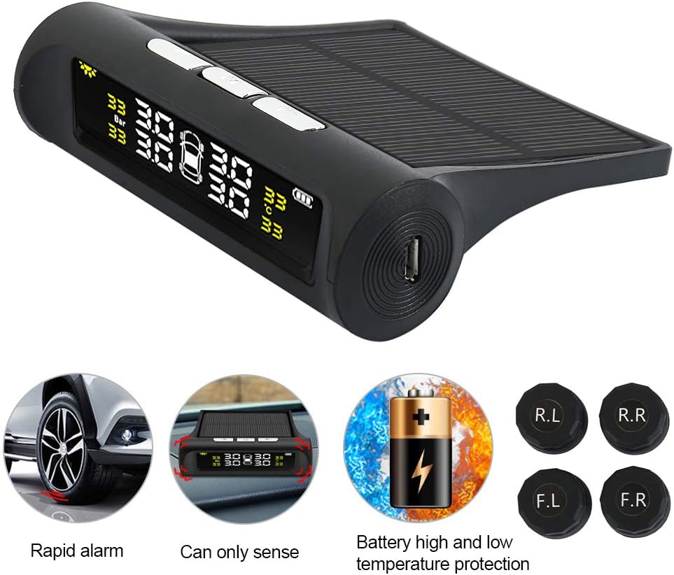 Car TPMS Tyre Pressure Monitoring System Solar Energy Wireless Auto Alarm System with LCD Color Display and 4 Sensors for Car