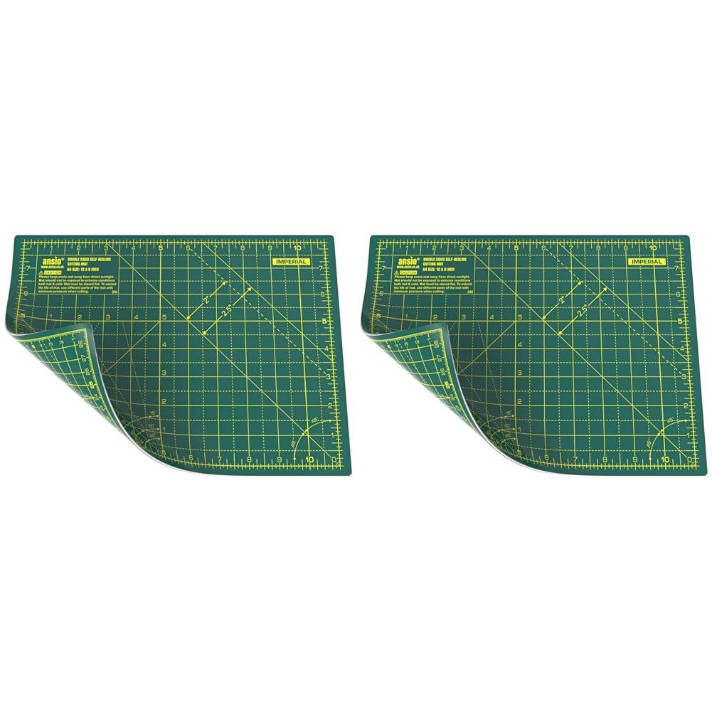 ANSIO Craft Cutting Mat Self Healing A4 Double Sided 5 Layers - Quilting, Sewing, Scrapbooking, Fabric & Papercraft - Imperial/Metric 11 Inch x 8 Inch / 29cm x 21cm - Green/Green (Pack of 2)