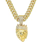 Touyony Men's Lion Crown Necklace - 70cm Hip Hop Style Metal Pendant Diamond Accents Gift for Men Bold Stylish cool Accessory